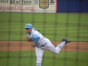 Lefty Cody Reed pitching in Wilmington in June 2015 (Jen Nevius).